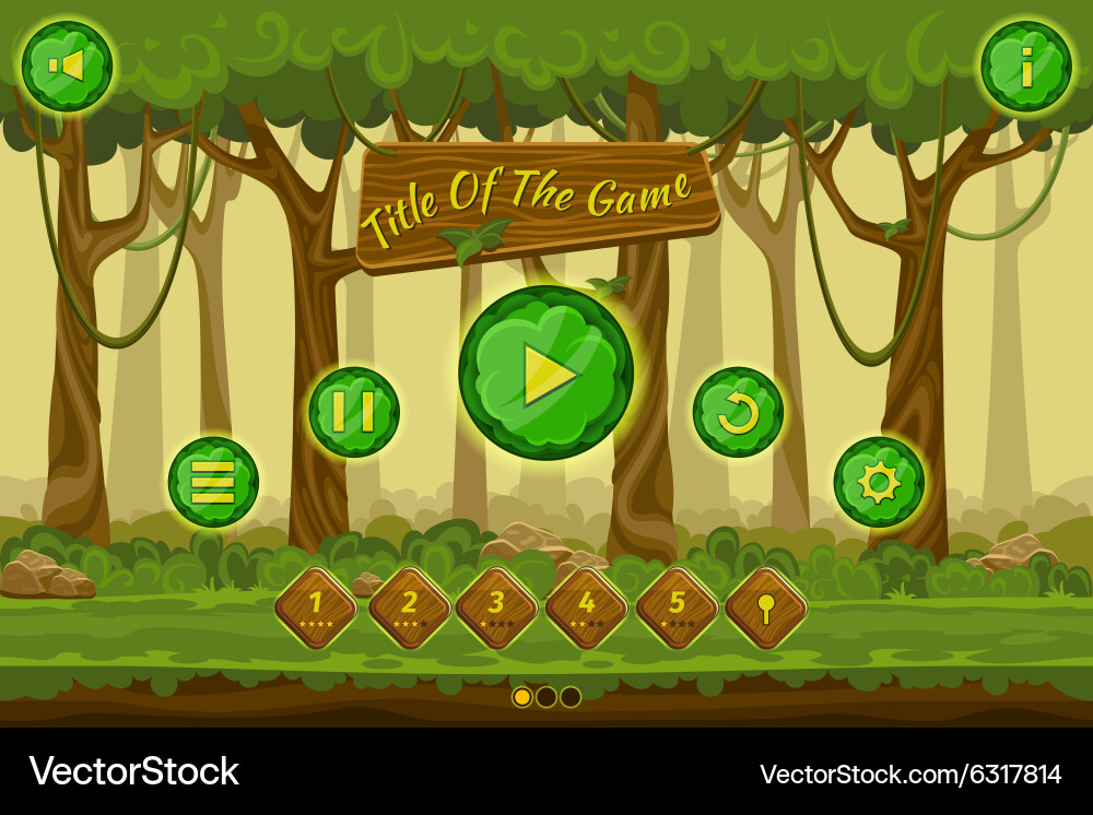 Cartoon game user interface with control elements vector image