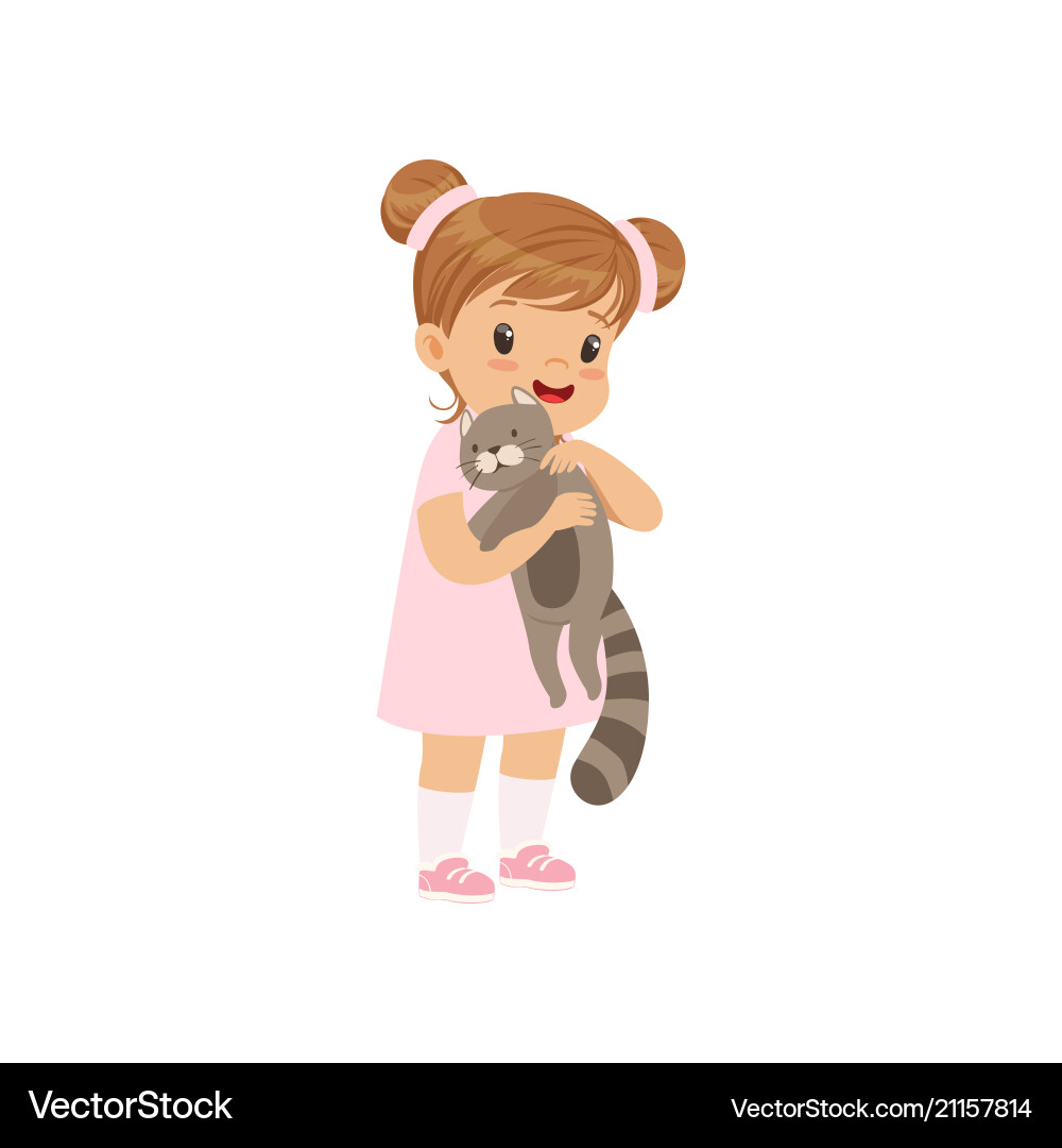 Cute little girl holding gray cat in her hands vector image