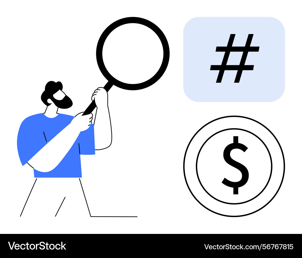 Man analyzing metadata tag with magnifying glass Man analyzing metadata tag with magnifying glass Vector Image