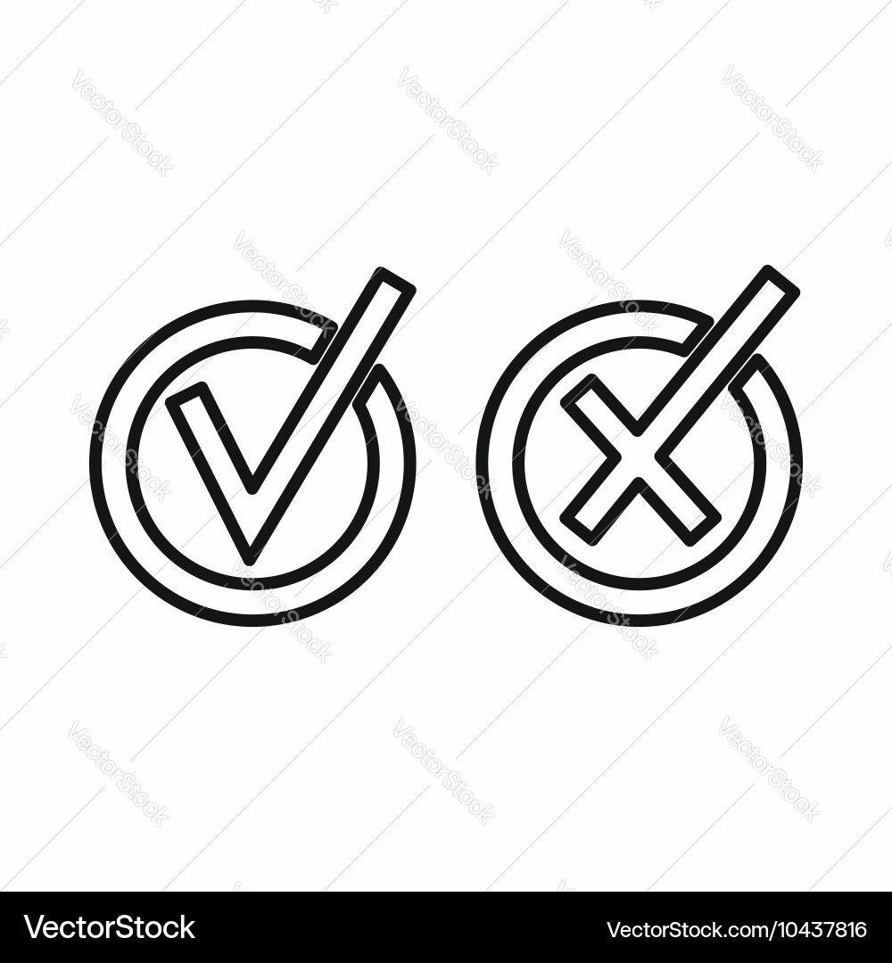 Tick and cross circle shape icon outline style vector image