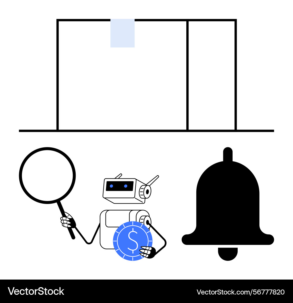 Automation robot with magnifying glass and coin Automation robot with magnifying glass and coin vector image