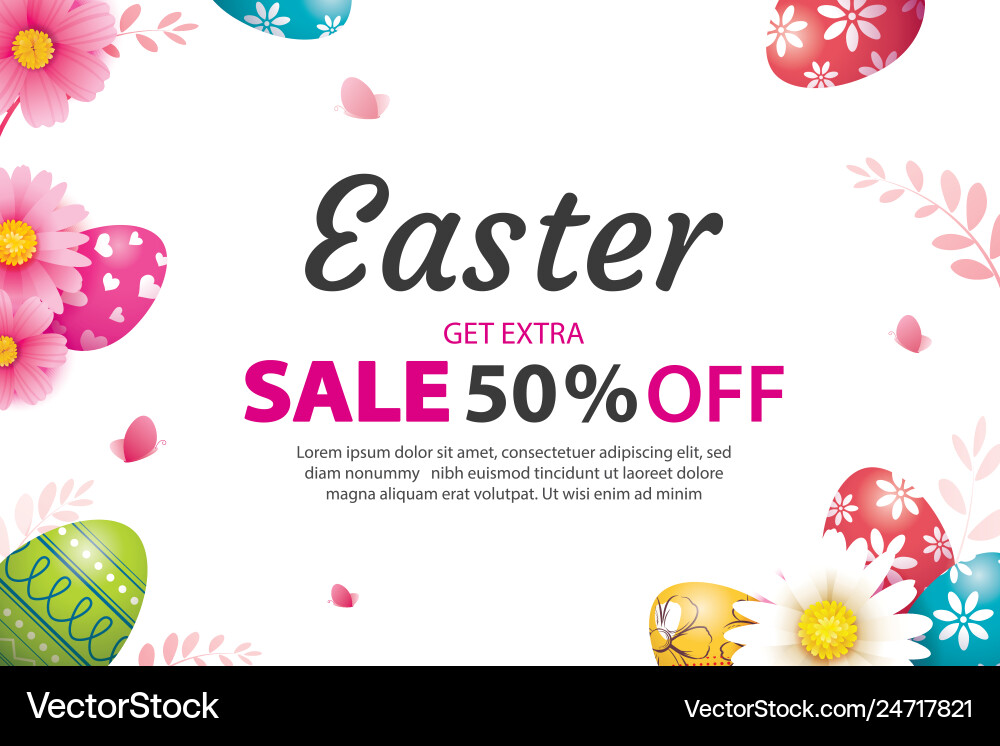 Colorful Easter Sale Banner with Eggs & Flowers vector image