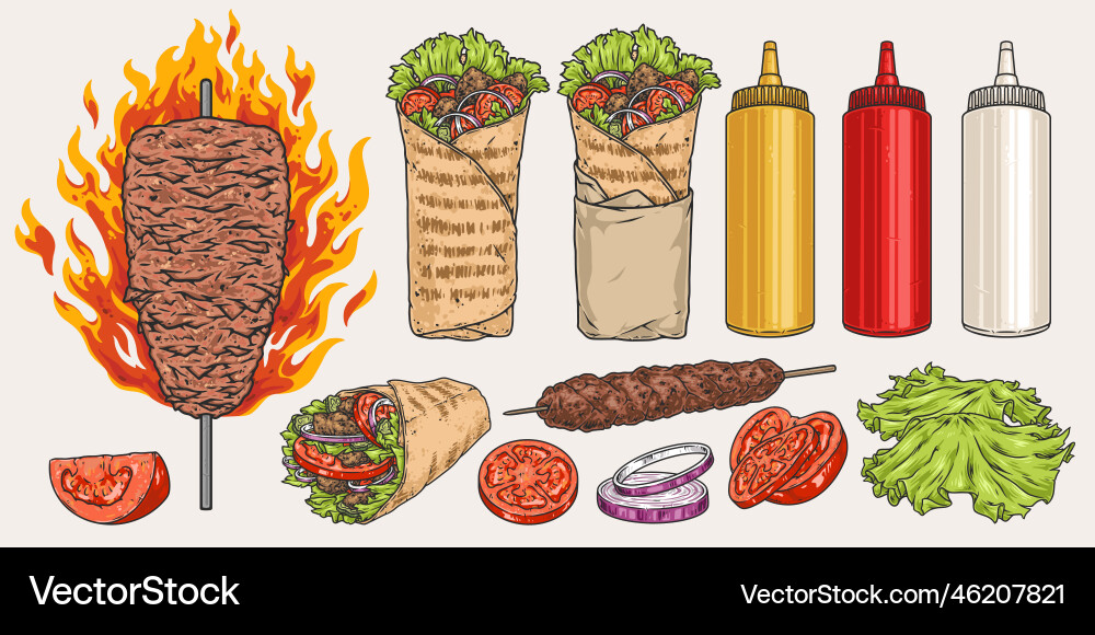 Donner kebab set emblems colorful vector image