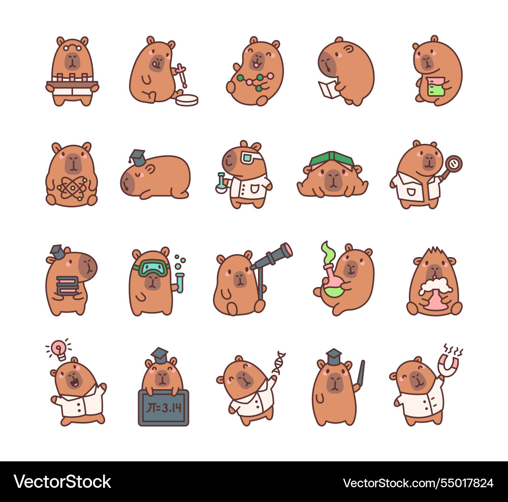 Capybara science experiments set featuring vector image
