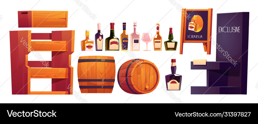Flaschen mit alkoholhaltigen Holzböden und Lauf Flaschen mit alkoholhaltigen Holzböden und Lauf vektorbild