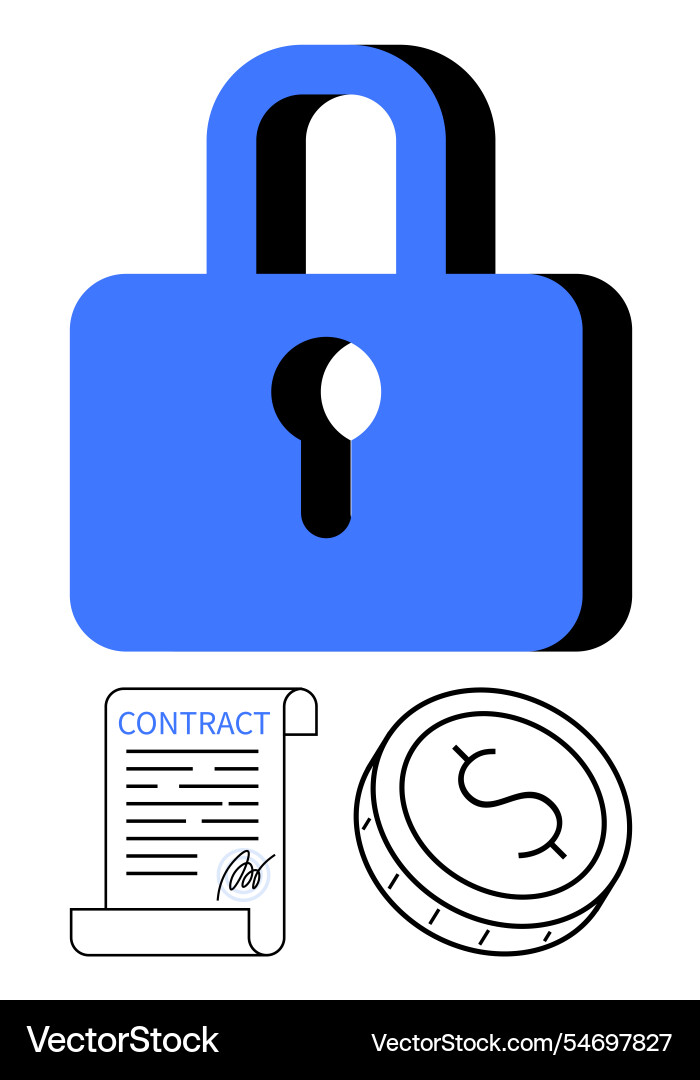 Secure lock with contract document and coin Secure lock with contract document and coin Vector Image