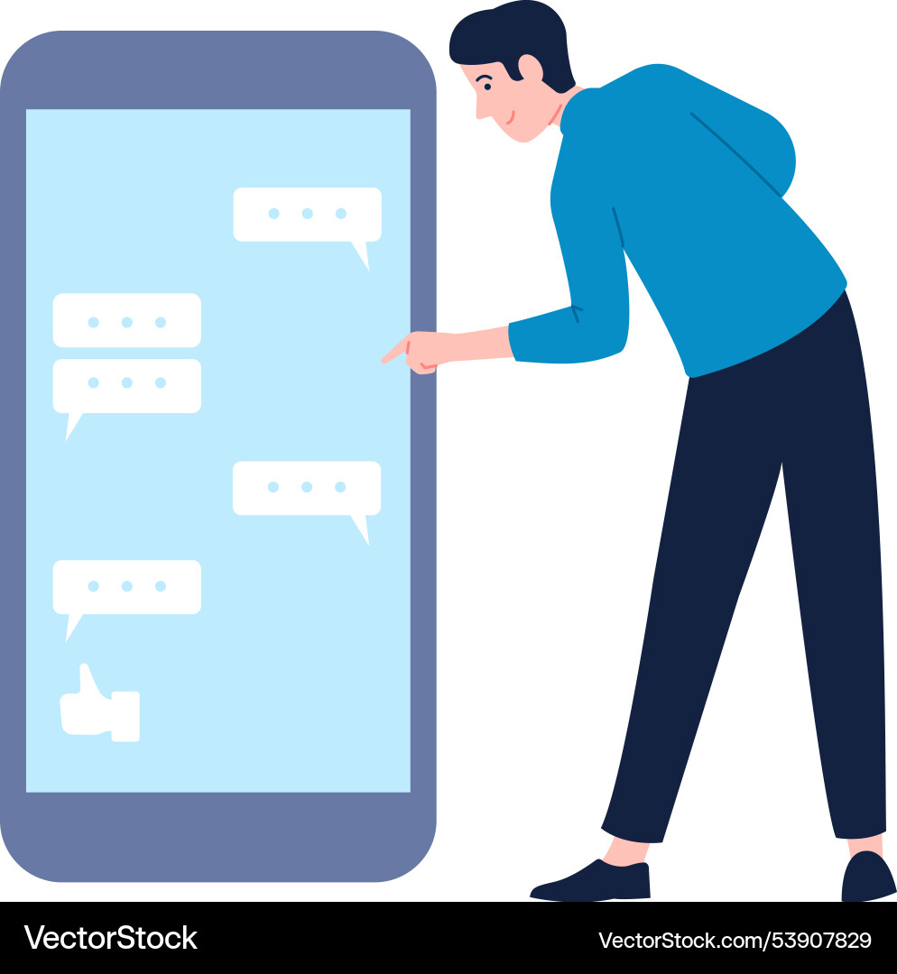 Man look at chat app on smartphone screen mobile Vector Image