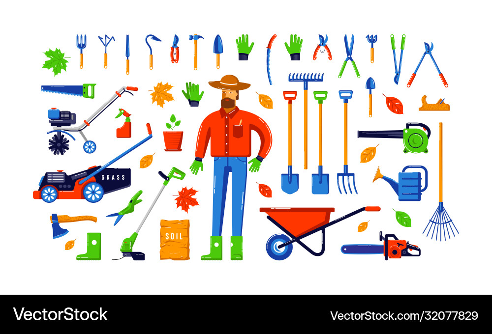 Stock garden tool kit and gardener vector image