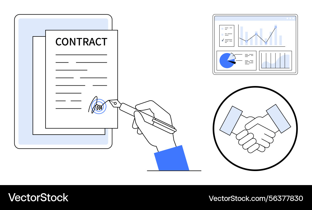 Pen signing contract handshake and data analysis Pen signing contract handshake and data analysis vector image