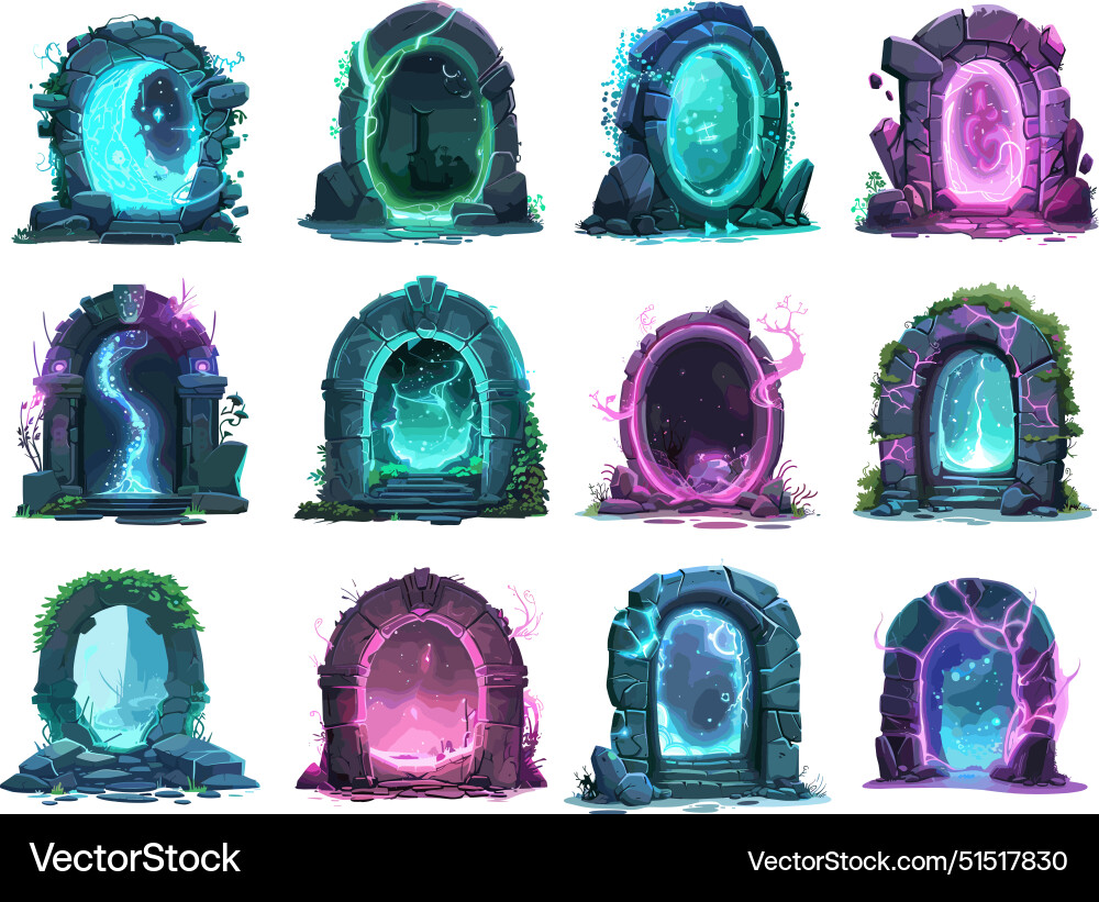 Portals cartoon set stone arches teleport Portals cartoon set stone arches teleport vector image