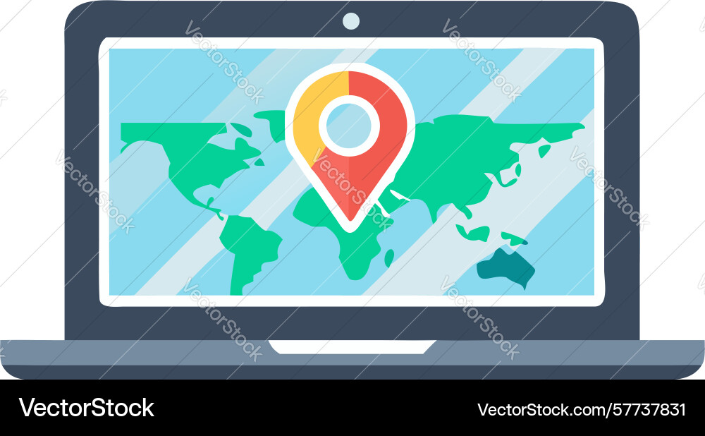 Laptop with world map and location pin design Vector Image