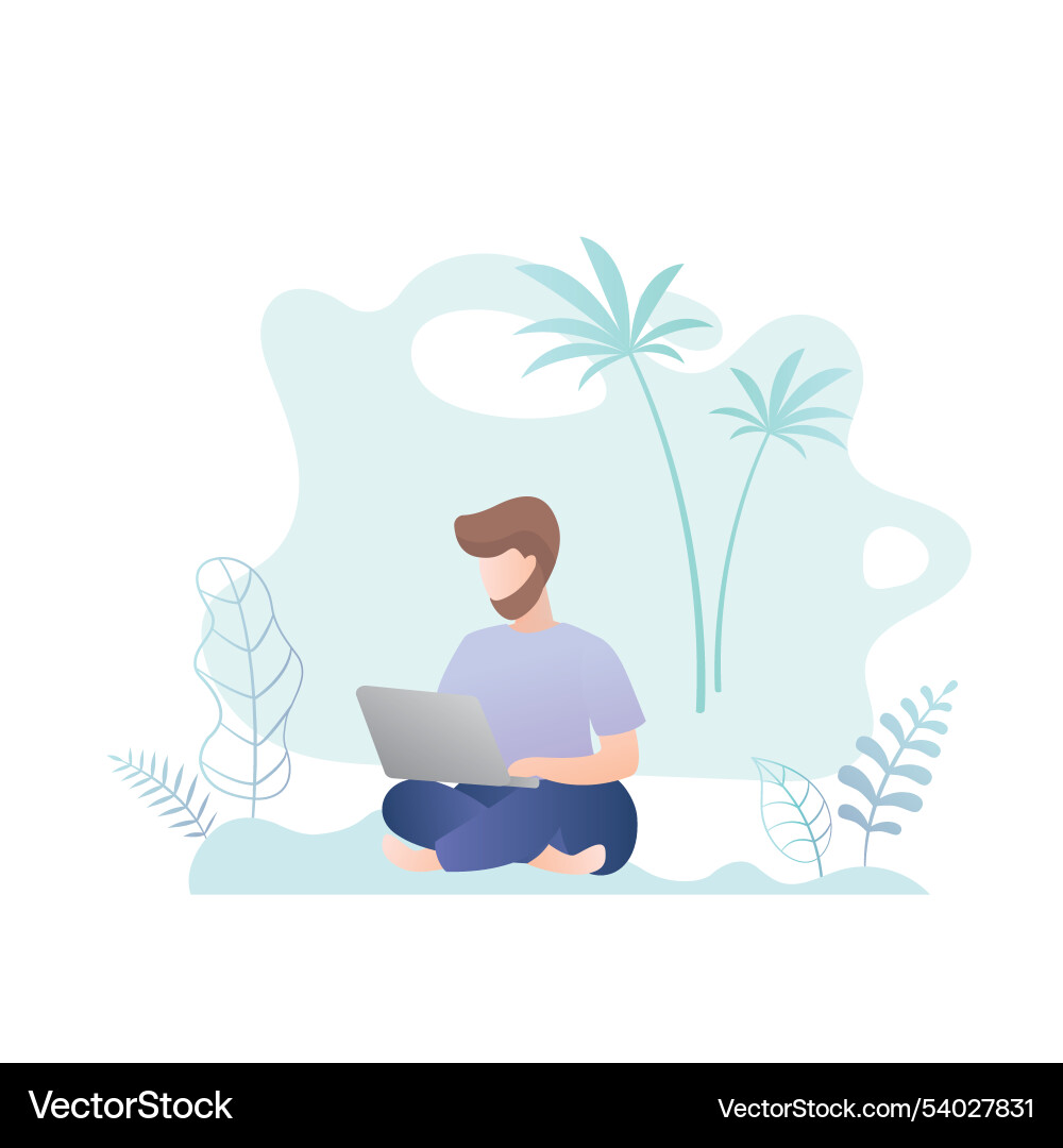Männliche Hipster-Charakter sitzend auf Beachfreelancer Männliche Hipster-Charakter sitzend auf Beachfreelancer vektorbild