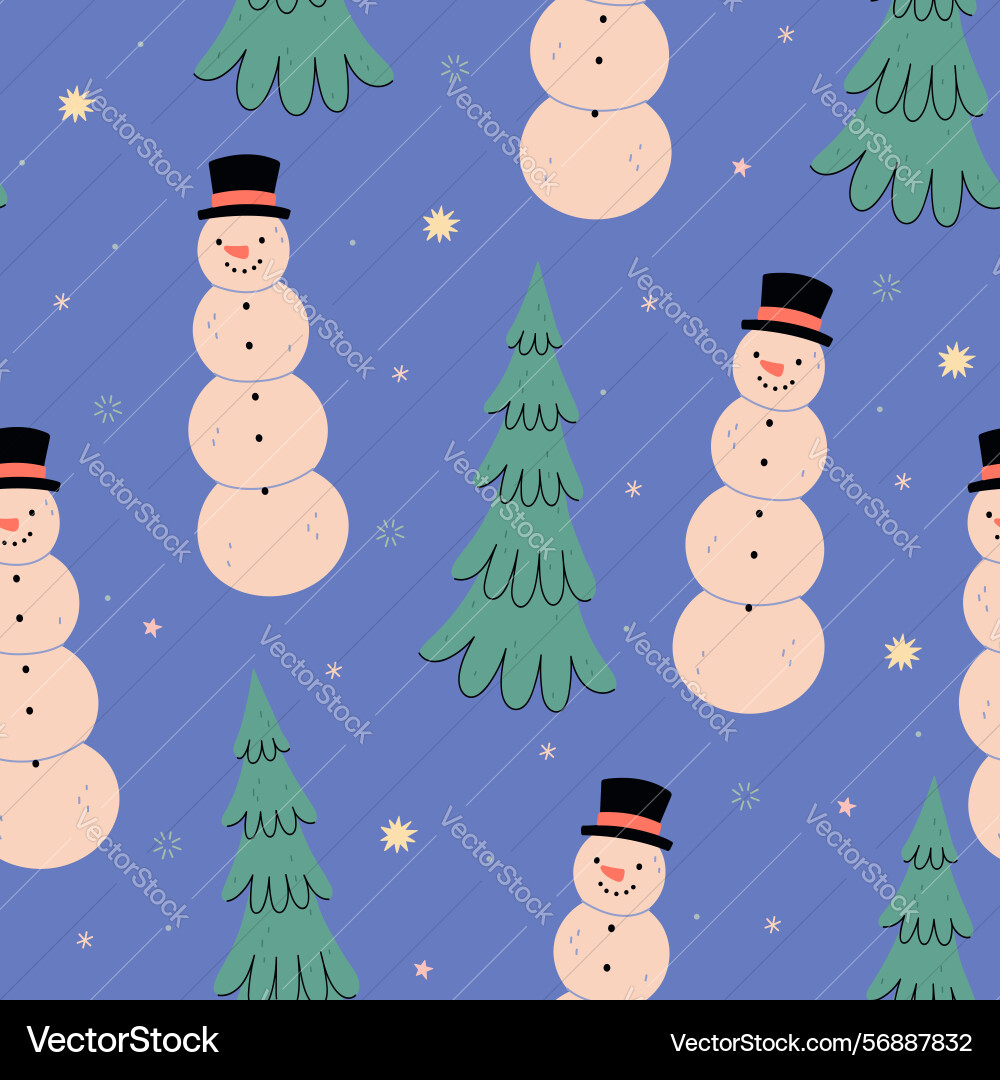 Seamless pattern with fir trees and snowmen Vector Image