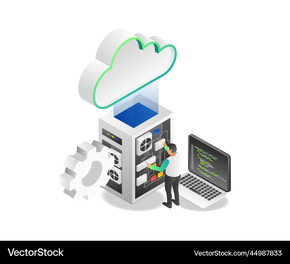 Flat isometric concept of technician programmer Flat isometric concept of technician programmer vector image