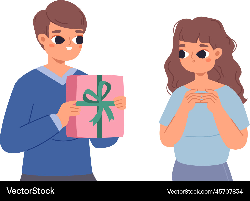 Boy giving gift girl cute romantic couple meeting Boy giving gift girl cute romantic couple meeting vector image