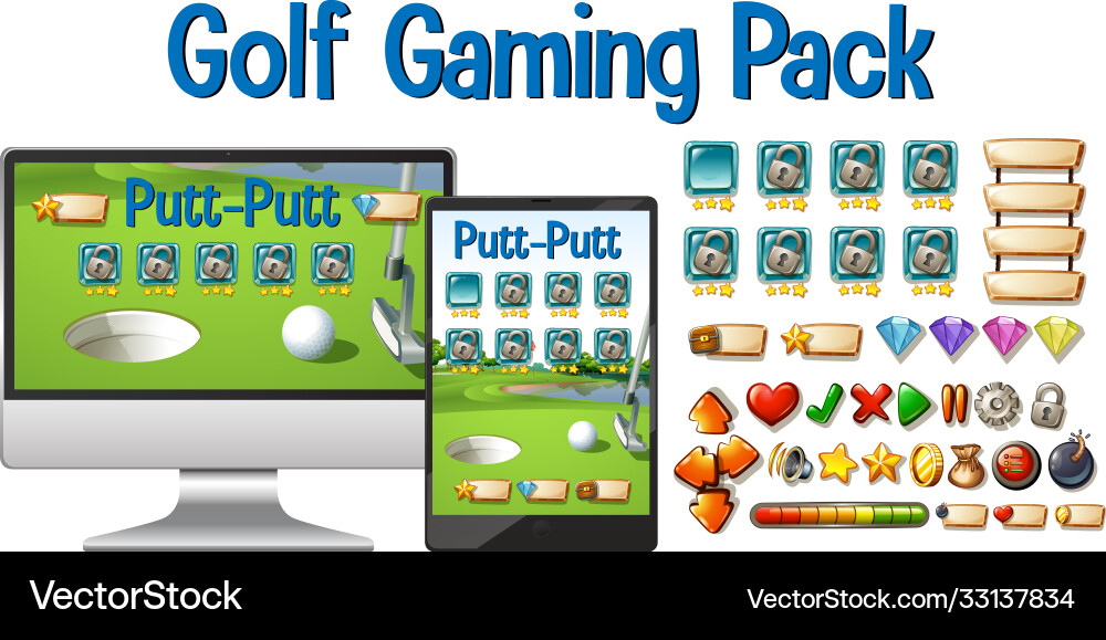 Golf gaming pack with computer tablet and button Golf gaming pack with computer tablet and button vector image