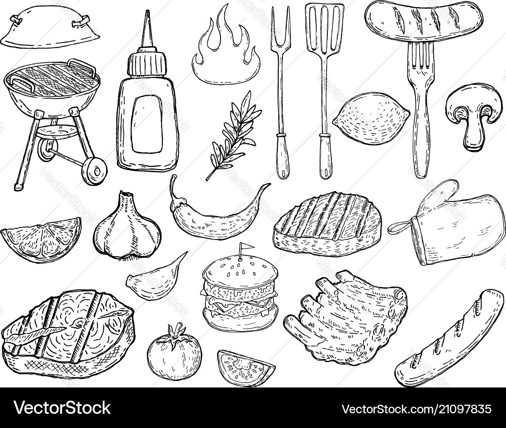 Hand Drawn Grill Elemente - Fleisch & Gemüse Vektorbild