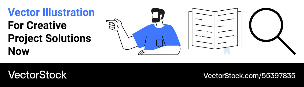 Man pointing at open book with magnifying glass Man pointing at open book with magnifying glass vector image