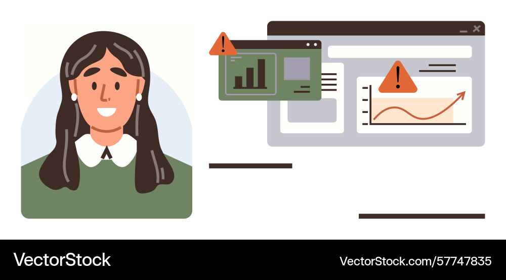 Woman analyzing alerted graph data on multiple Vector Image
