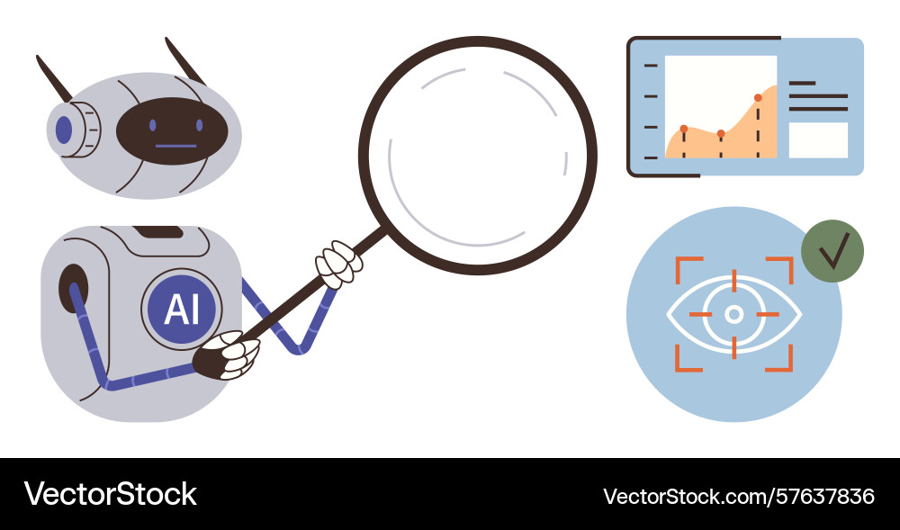 Ai robot analyzing data with magnifier Ai robot analyzing data with magnifier Vector Image