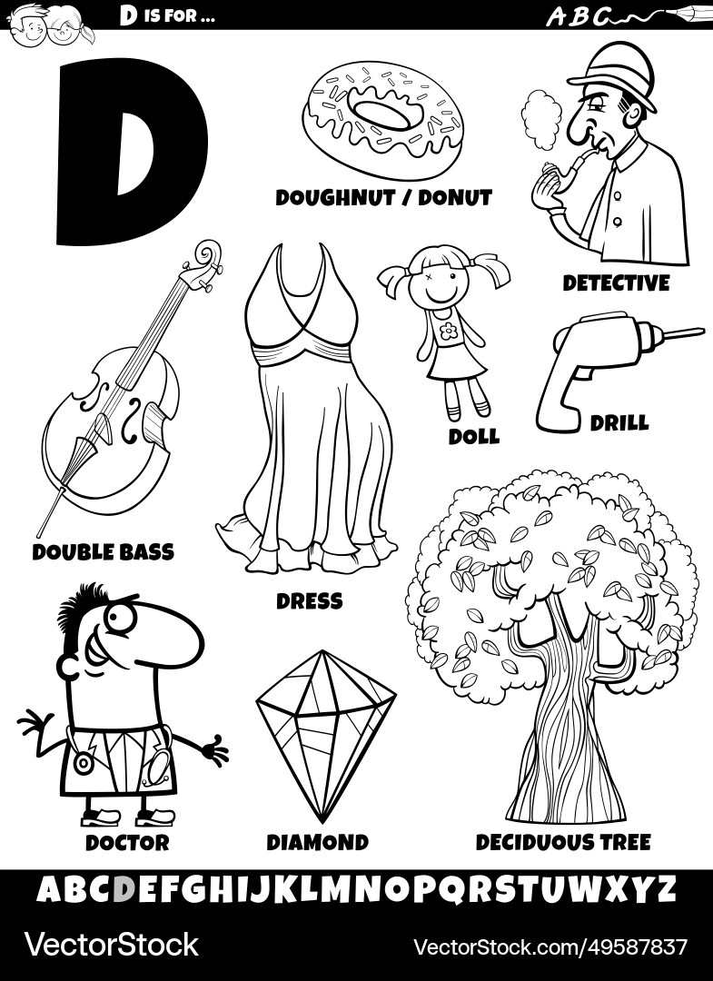 Letter d set with cartoon objects and characters Letter d set with cartoon objects and characters Vector Image
