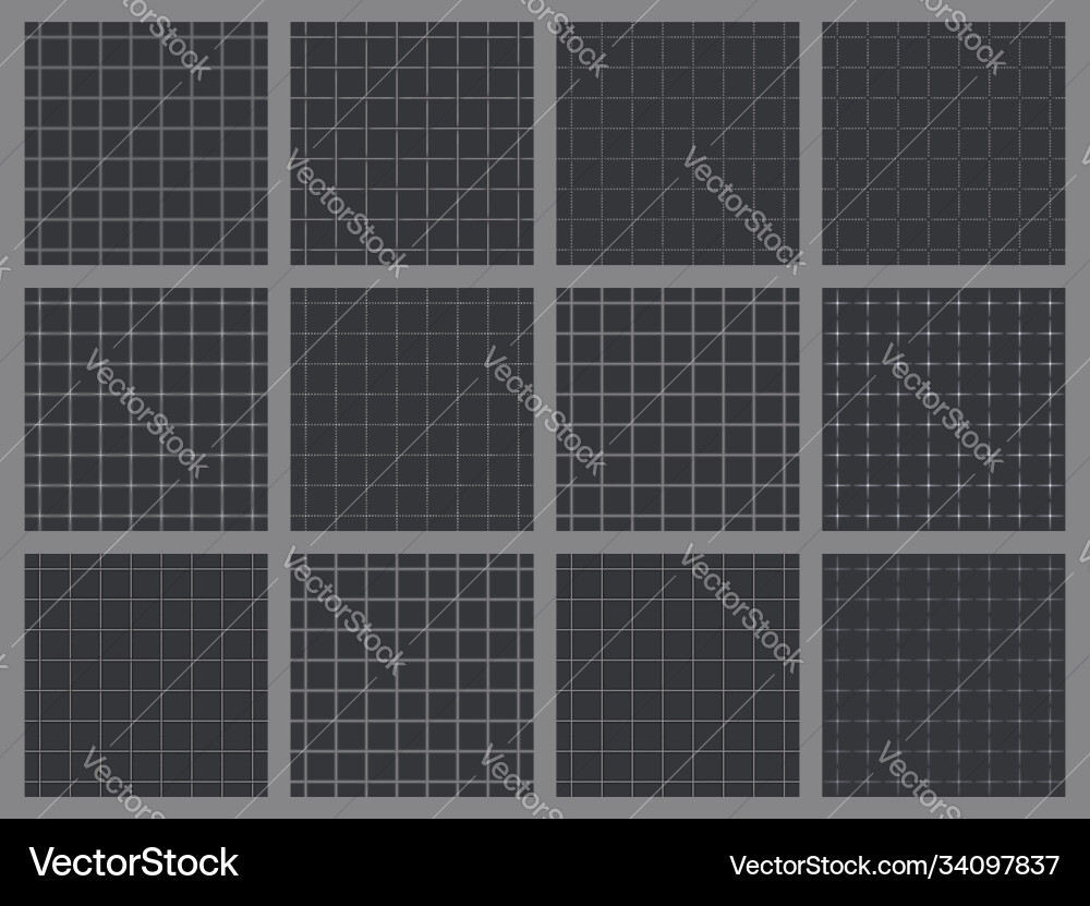 Twelve retro gray grid seamless patterns vector image