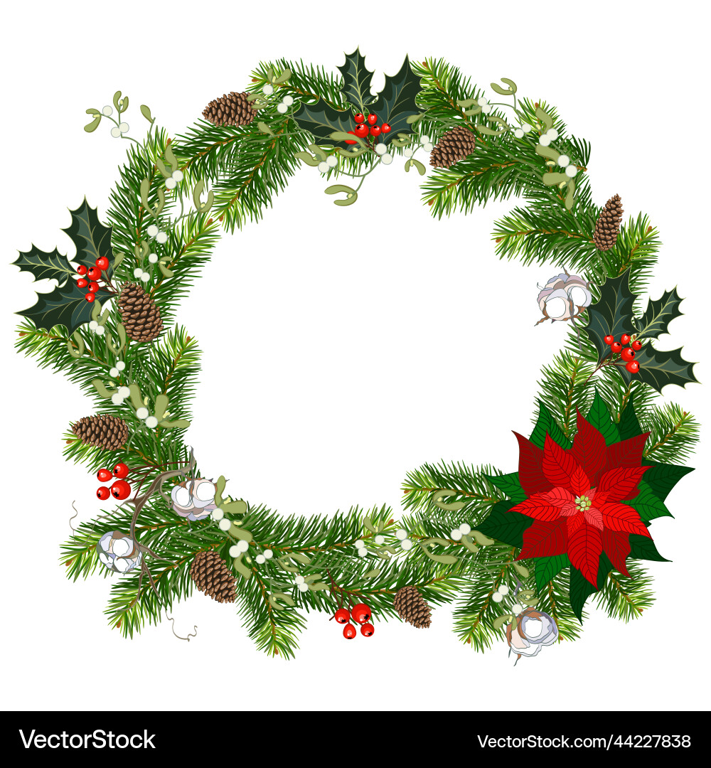 Christmas Wreath with Poinsettia and Cotton Vector Image