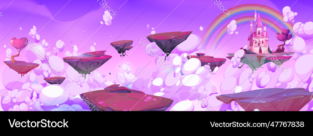 Lila Fantasie Himmel mit Insel und magischem Schloss Lila Fantasie Himmel mit Insel und magischem Schloss vektorbild