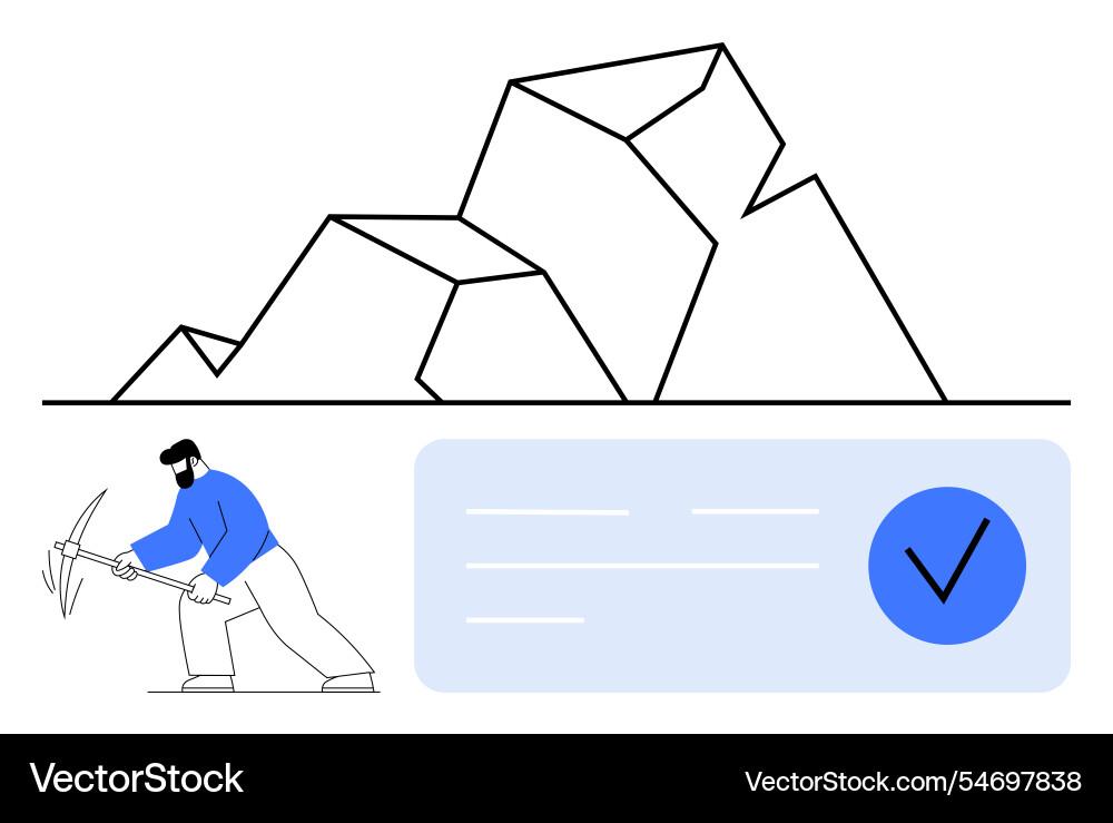 Man mining with pickaxe near mountain Vector Image