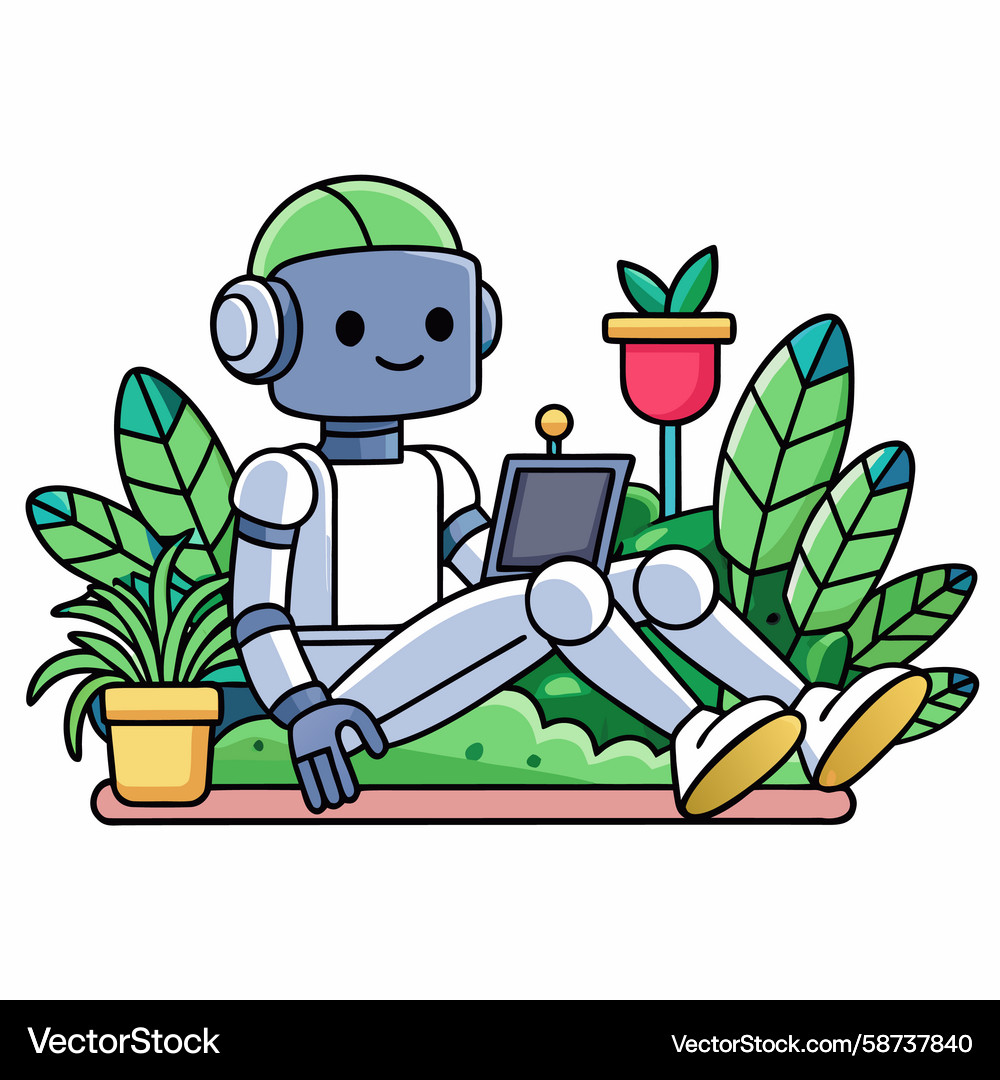 Robot with Tablet in Natural Setting Vector Image