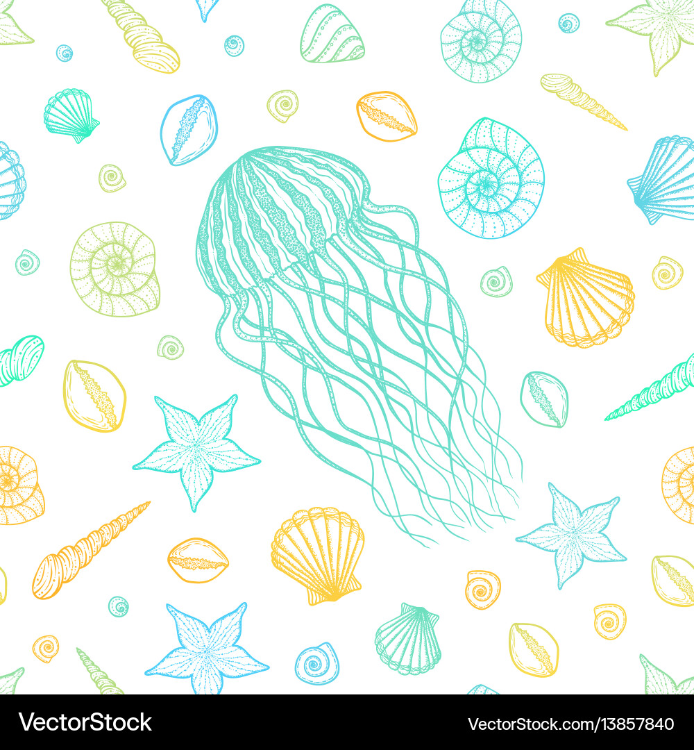 Seamless pattern with jellyfish and shells in line Seamless pattern with jellyfish and shells in line vector image