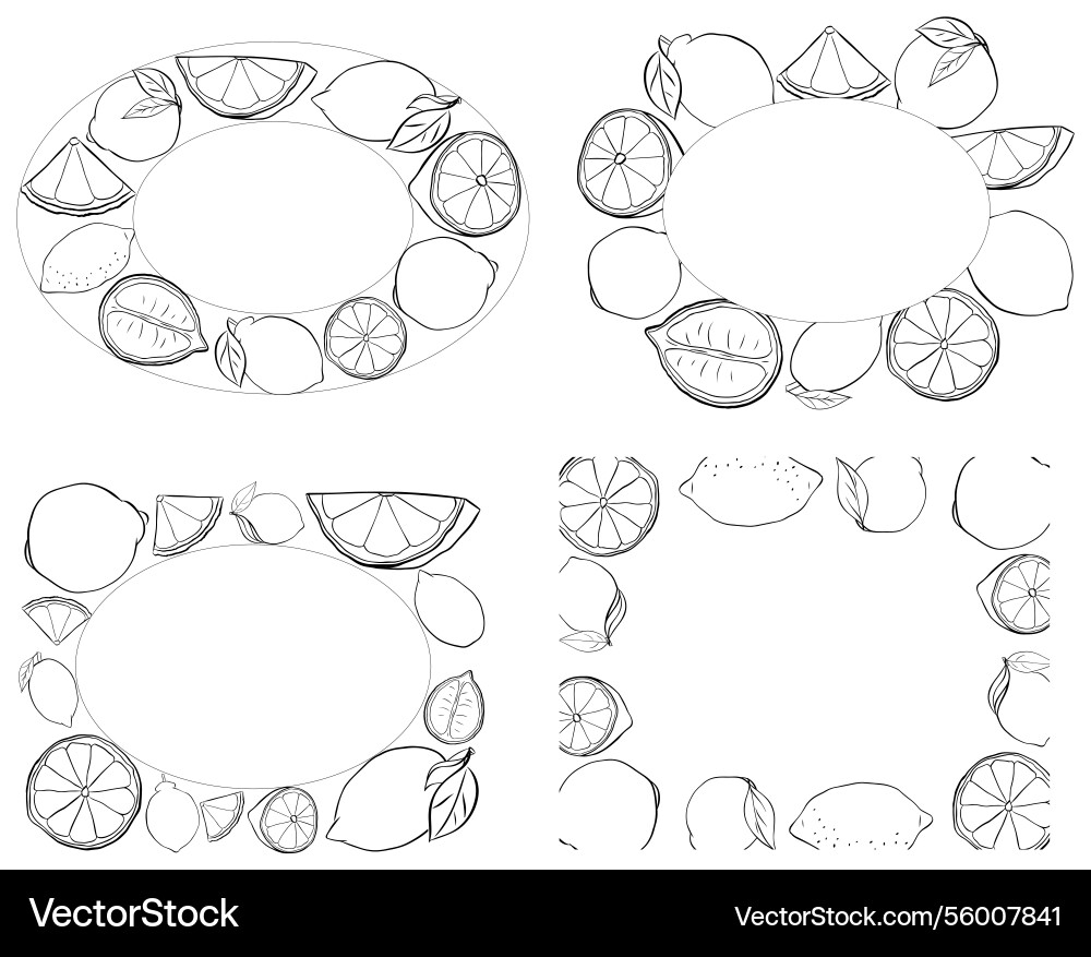 Oval frame set with lemon whole and slices Oval frame set with lemon whole and slices vector image