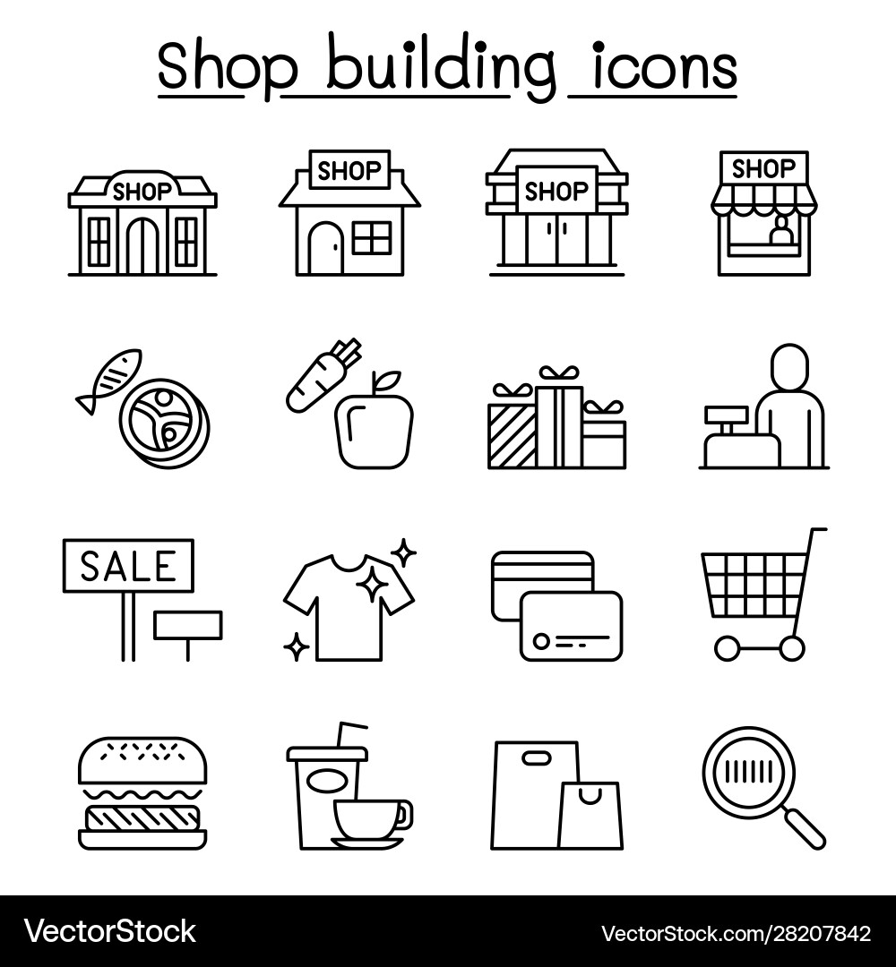 Shop building shopping mall supermarket icon set vector image