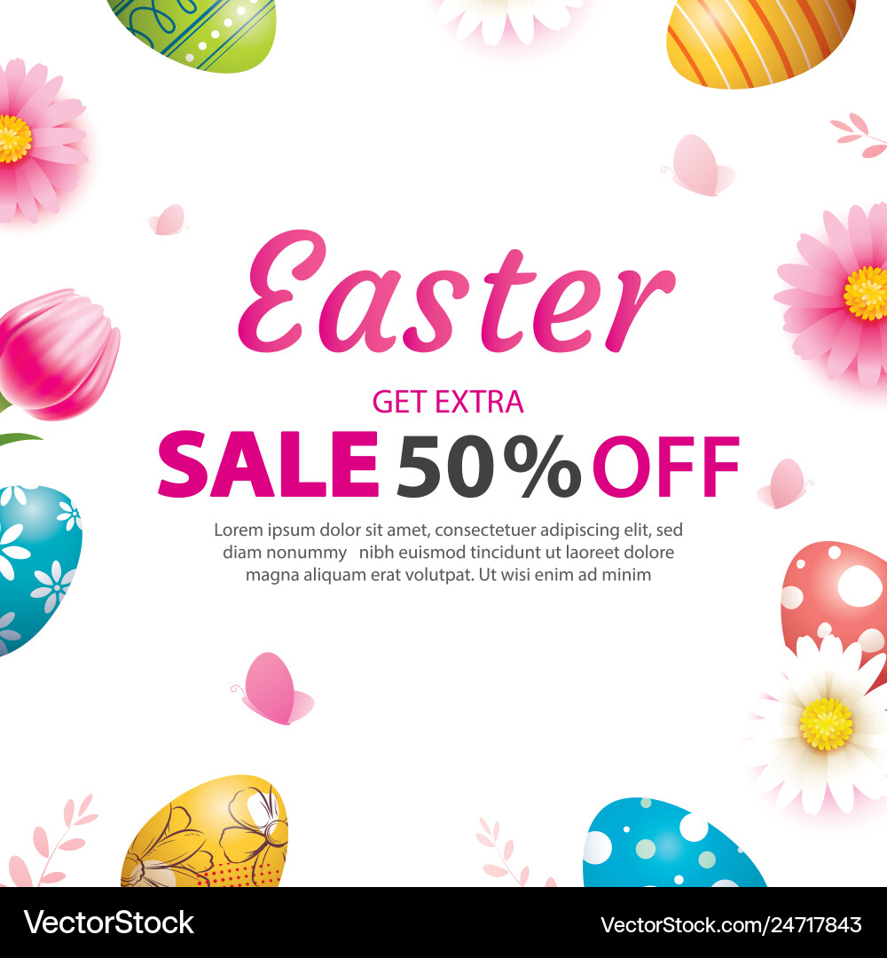 Colorful Easter Sale Banner - Eggs & Flowers Vector Image