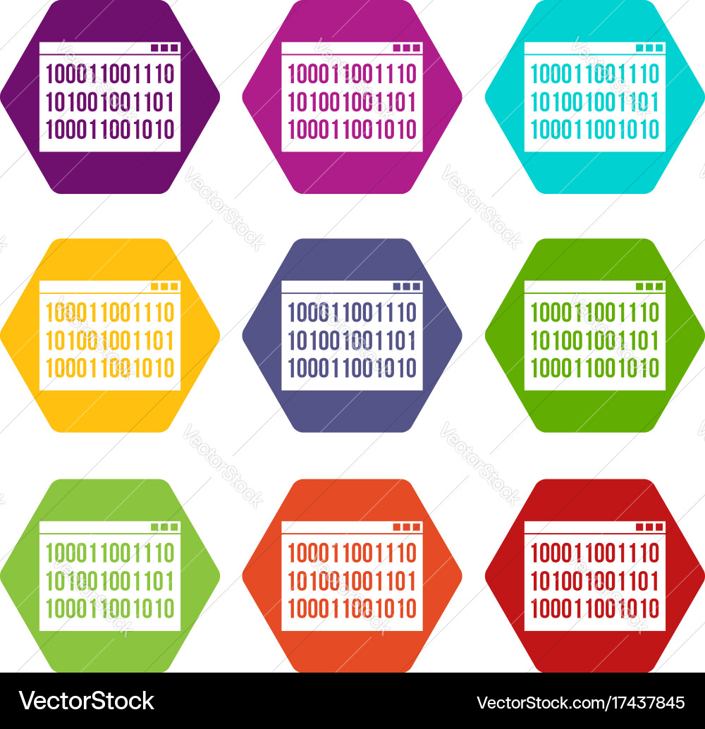 Binary code icon set color hexahedron vector image