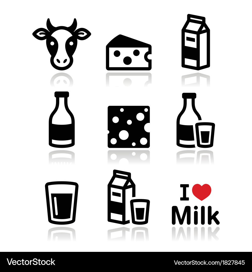 Dairy Icons: Milk, Cheese, and Cow Vector Image