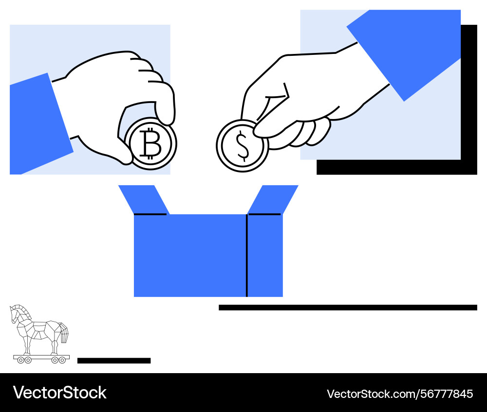 Hands dropping bitcoin and dollar coins into a box Hands dropping bitcoin and dollar coins into a box vector image