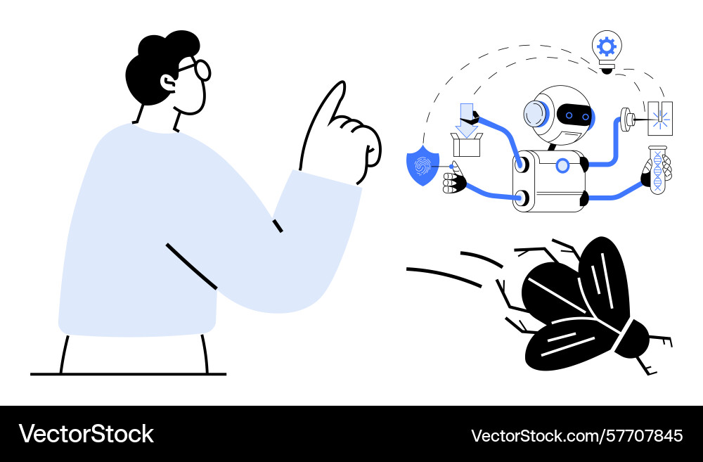 Mann zeigt als ai Roboter Multitasks Problem Mann zeigt als ai Roboter Multitasks Problem vektorbild