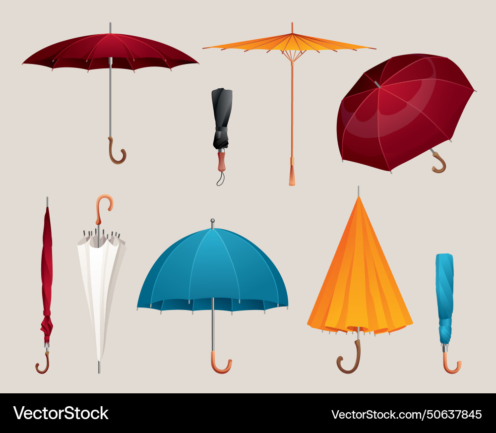 Set of different umbrellas in various positions Set of different umbrellas in various positions vector image