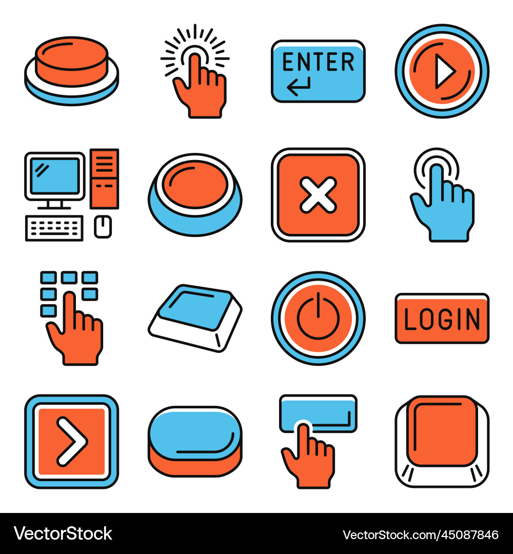 Button and key icons set on white background line vector image