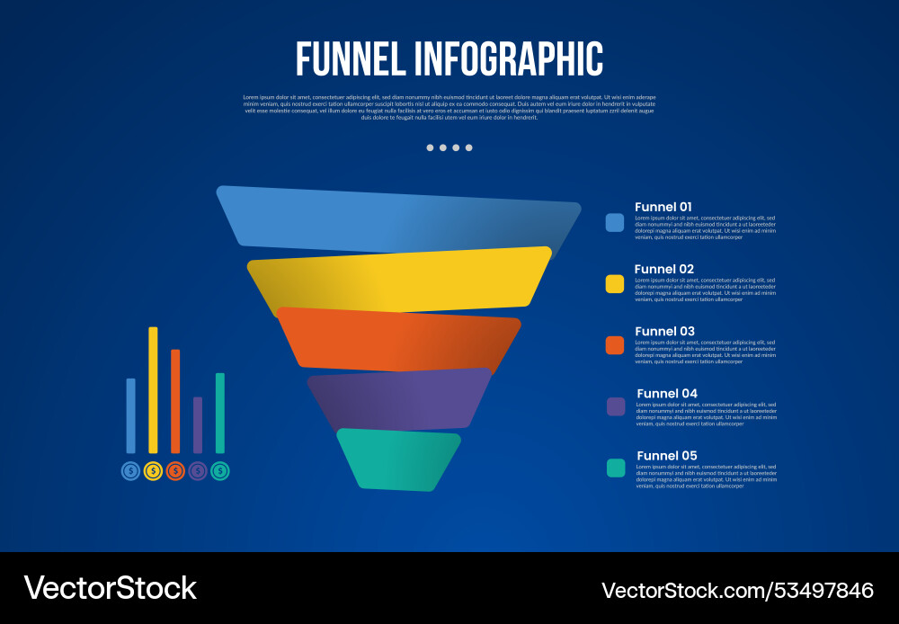 Funnel infographic with 3d shape unbalance tilt Funnel infographic with 3d shape unbalance tilt Vector Image