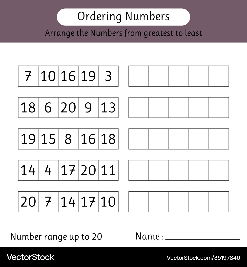 Ordering numbers worksheet number range up to 20 vector image