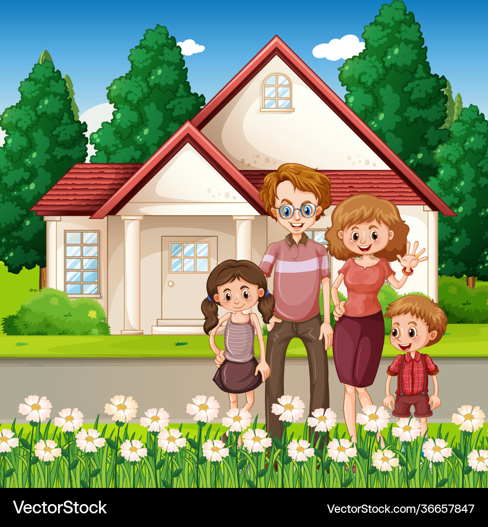Happy family standing in front house – Royalty-Free Vector | VectorStock, image size:1000x1080