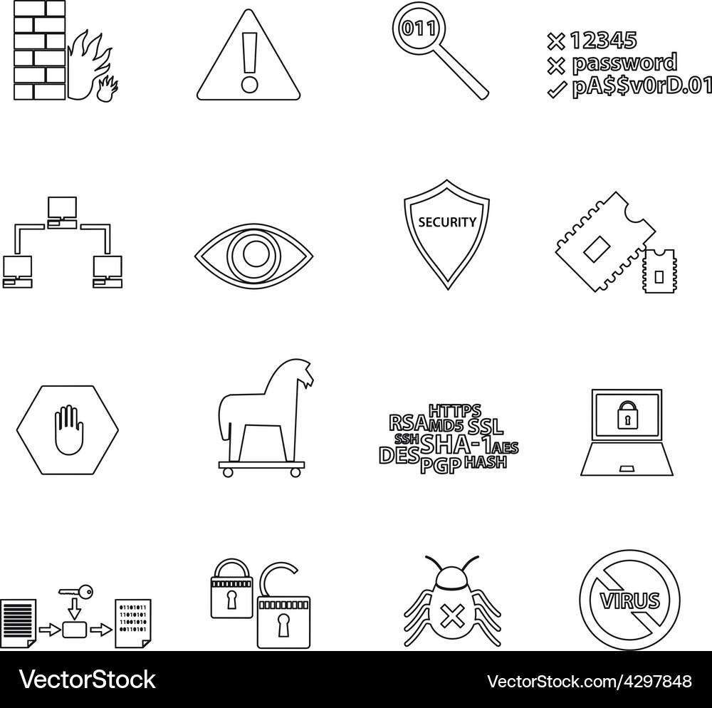 Computer Sicherheit einfache schwarze Umriss-Icons eps10 Vektorbild