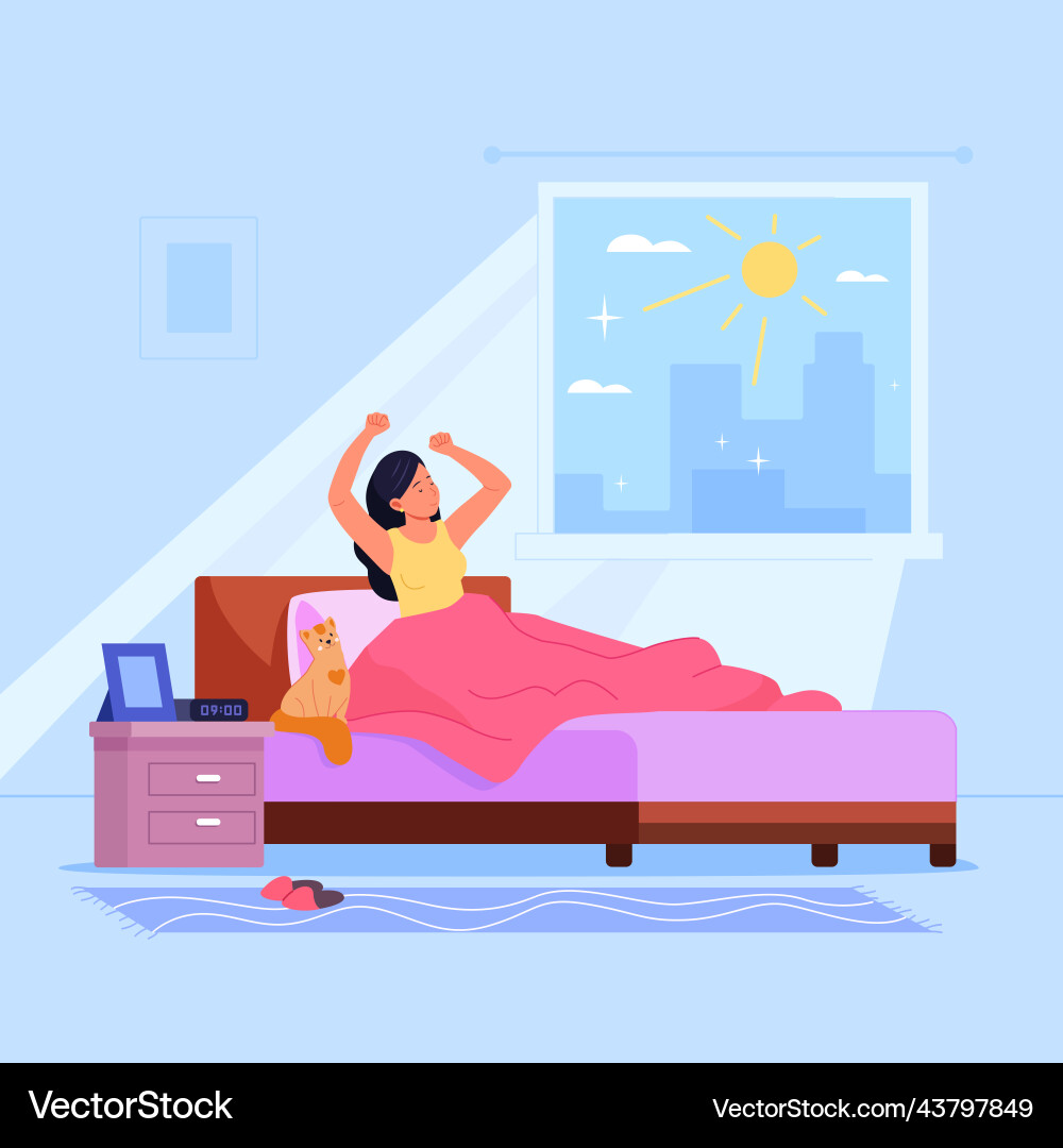Wake-up woman morning sunlight and stretching Wake-up woman morning sunlight and stretching vector image