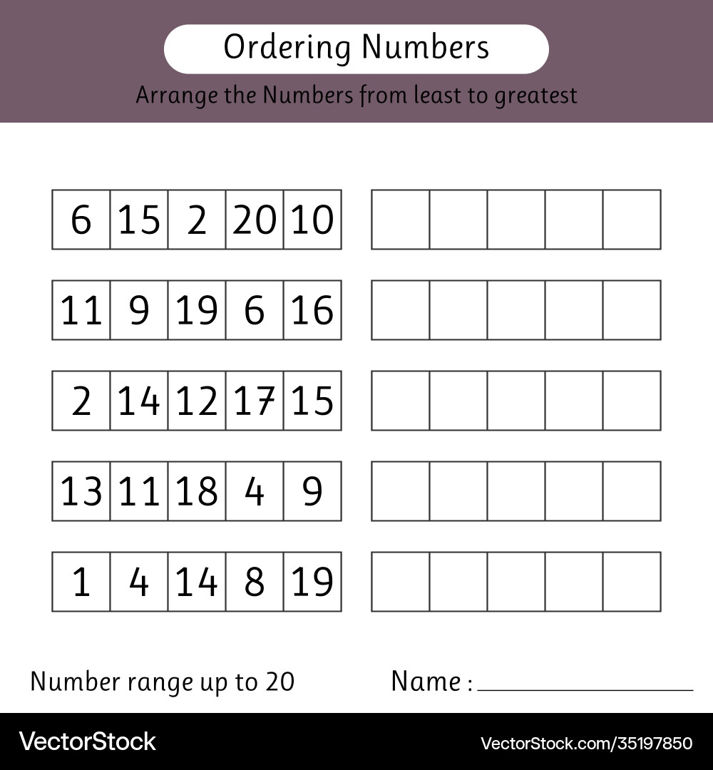 Ordering numbers worksheet number range up to 20 Ordering numbers worksheet number range up to 20 vector image