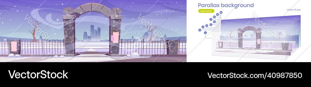 Parallax background 2d winter landscape arch gate Parallax background 2d winter landscape arch gate vector image