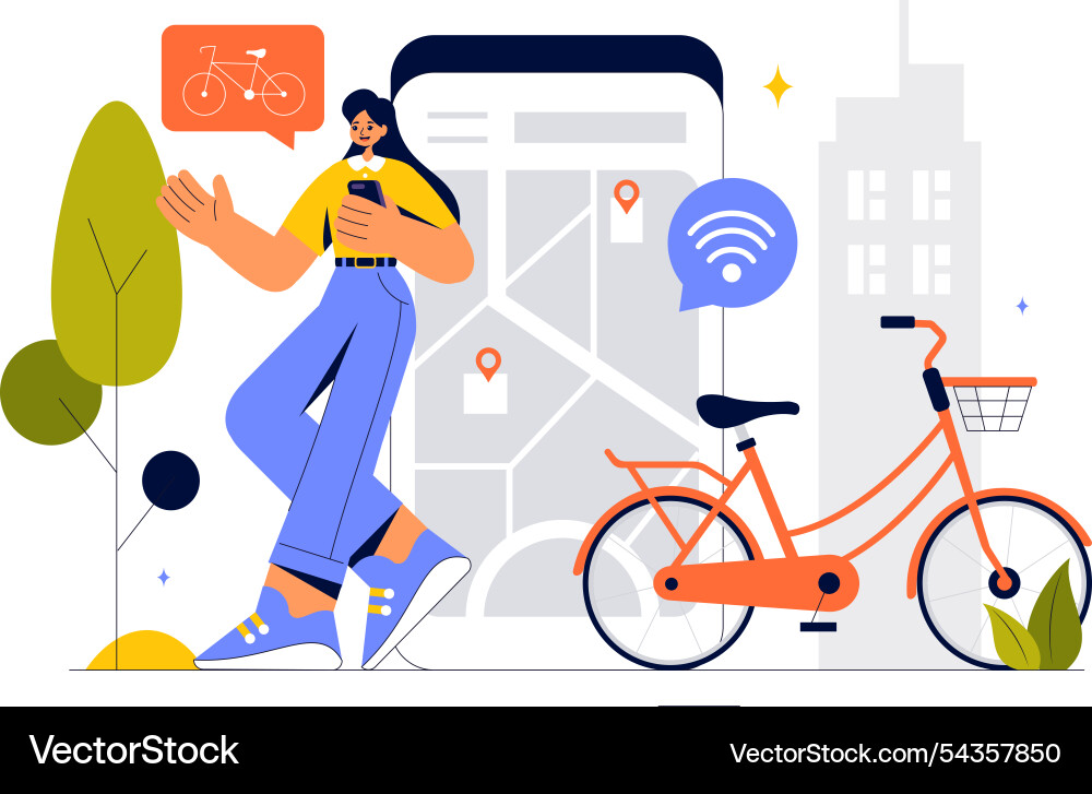 Smart bike featuring a navigation app with map Smart bike featuring a navigation app with map Vector Image
