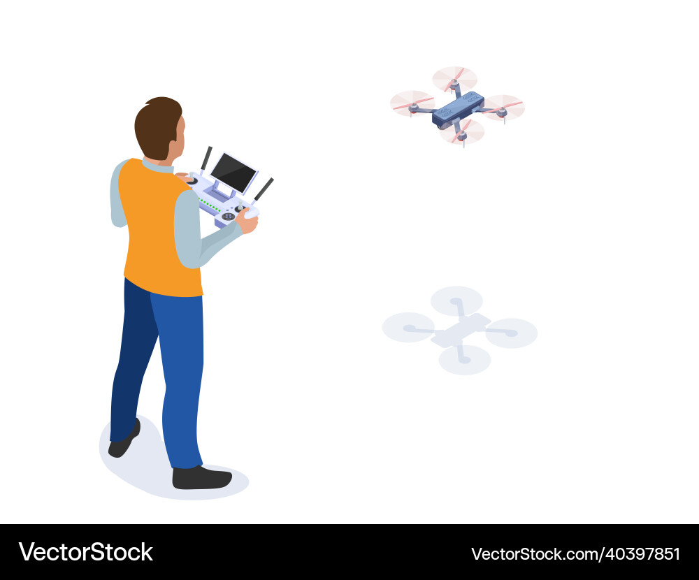 Isometric character man with drone control panel Isometric character man with drone control panel vector image