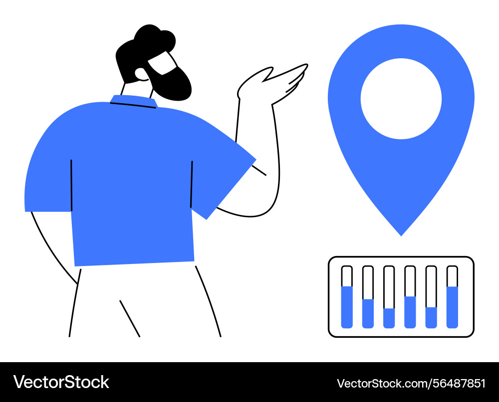 Man gesturing to a navigation pin and bar chart Man gesturing to a navigation pin and bar chart vector image